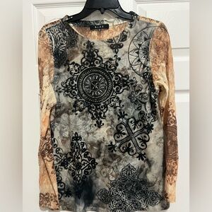 B.L.E.U. Y2K Embellished Top Sheer Sleeves Bling Tattoo Style Festival size med